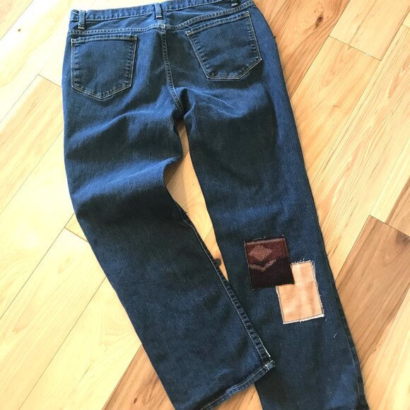 Upcycled Southwest Patchwork Jeans, Women’s 12P: Handmade Aztec Tribal Patches - Picture 9 of 12